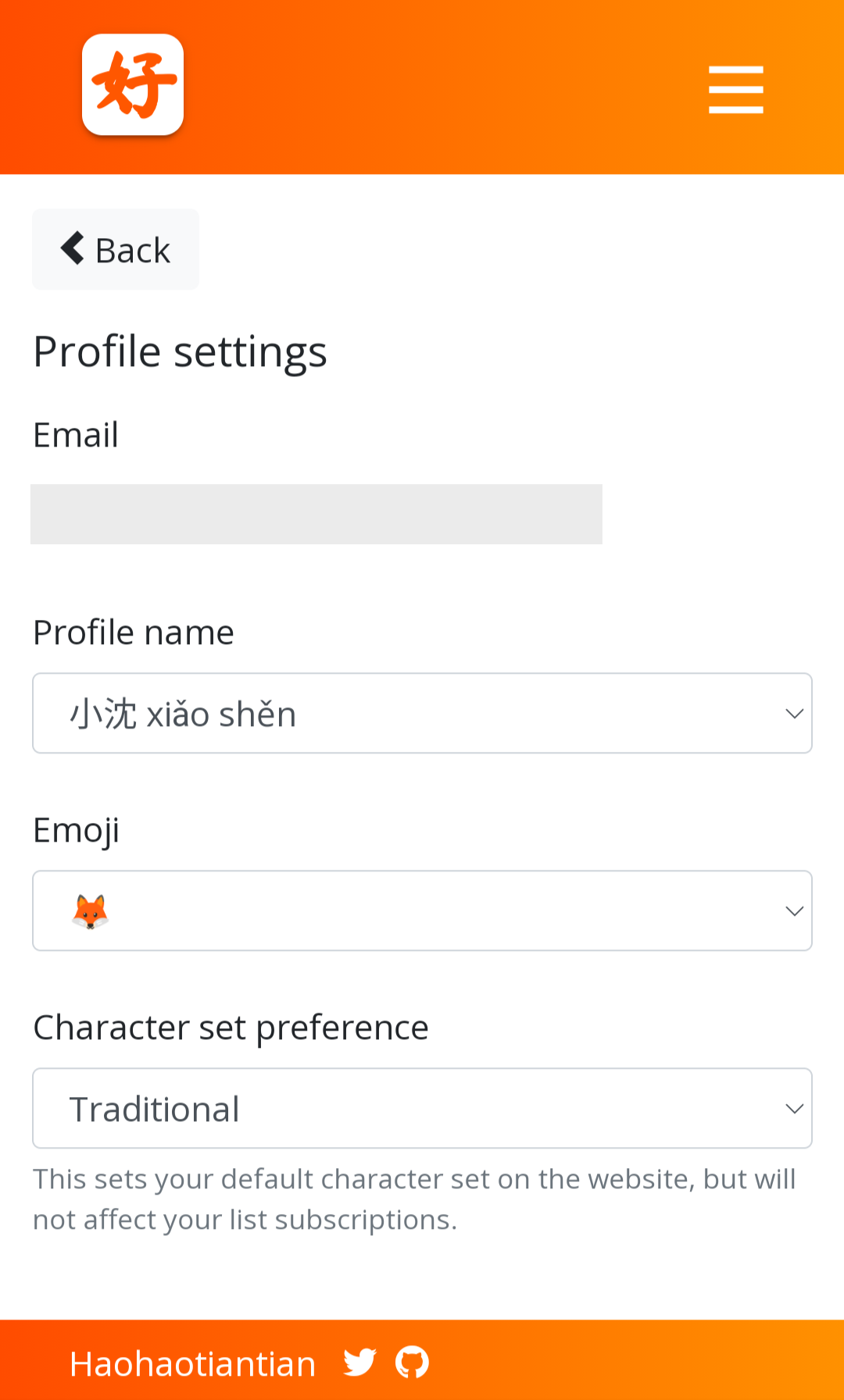 User profile settings